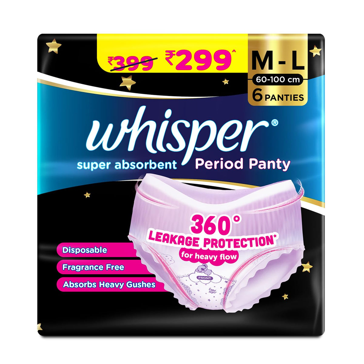 Whisper Super Absorbent Period Panty| 6 Pcs | 360 Degree Leakage Protection* for Heavy Flow For Women, Panty like Fit, Full back Coverage, Absorbs Heavy Gushes, Silky Soft, Comfortable Feel