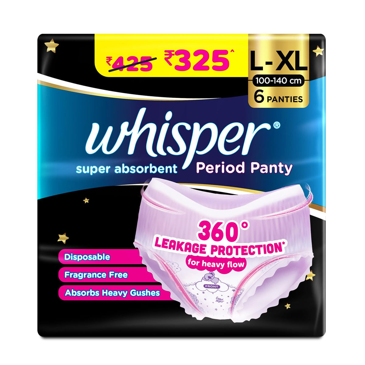 Whisper Super Absorbent Period Panty| 6 Pcs | 360 Degree Leakage Protection* for Heavy Flow For Women, Panty like Fit, Full back Coverage, Absorbs Heavy Gushes, Silky Soft, Comfortable Feel